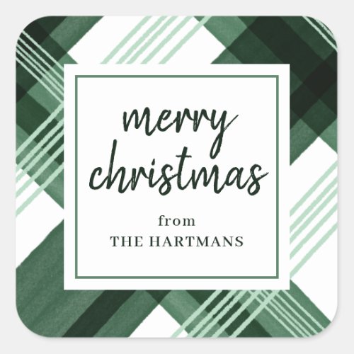 Watercolor Green Plaid Merry Christmas Name  Square Sticker