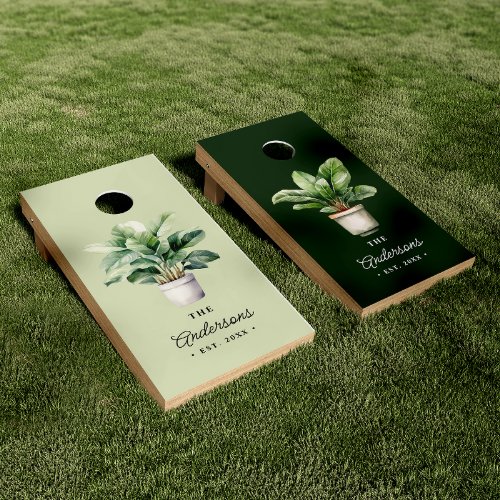 Watercolor Green Pot Plants  Name CoupleFamily Cornhole Set