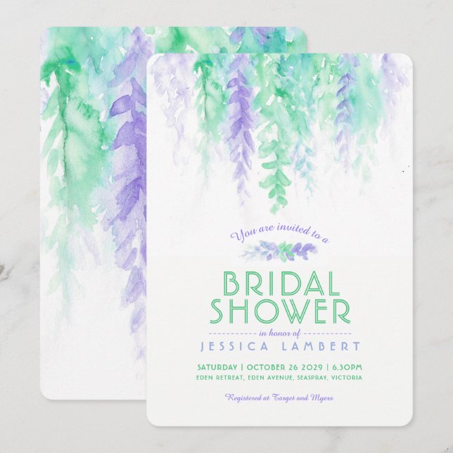 Watercolor green purple bridal shower invitations (Front/Back)