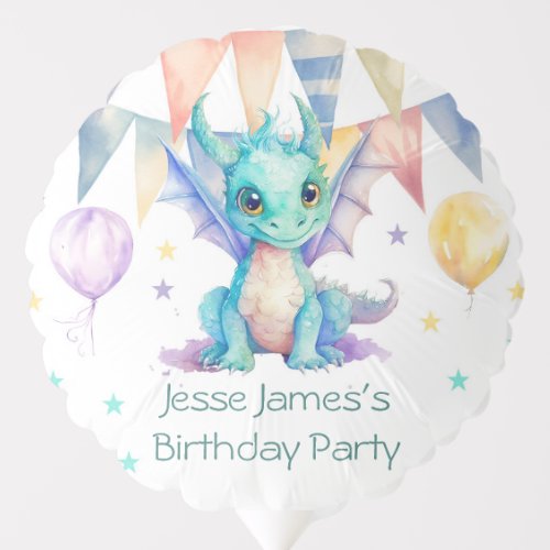 Watercolor Green Purple Dragon Boy Birthday Party Balloon