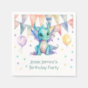 Watercolor Green Purple Dragon Boy Birthday Party Napkins
