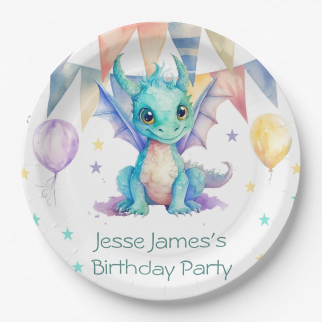 Watercolor Green Purple Dragon Boy Birthday Party Paper Plates (Front)