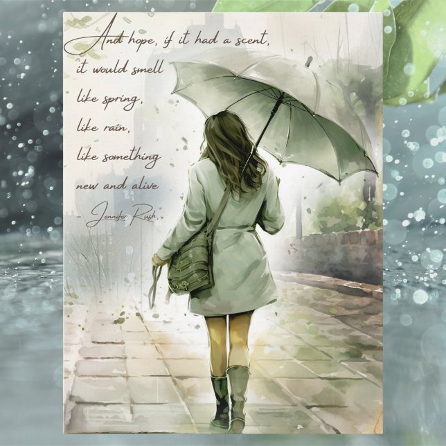 Watercolor Green Rainy Day Inspirational Quote Holiday Postcard (Creator Uploaded)