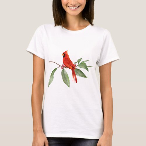 Watercolor Green Red Cardinal Bird T_Shirt