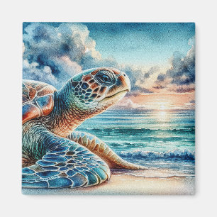 Watercolor Green Sea Turtle on Sandy Beach Magnet
