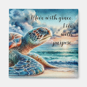 Watercolor Green Sea Turtle - Sandy Beach w/ Quote Magnet