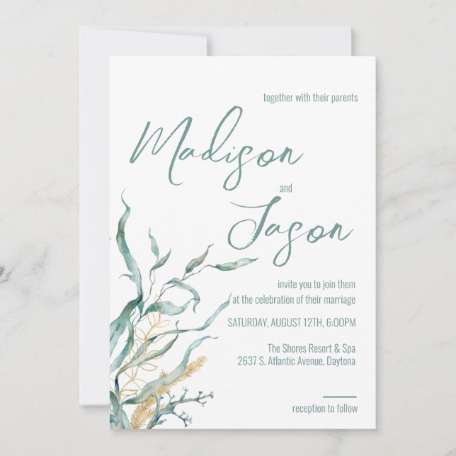Watercolor Green Seaweed Beach Wedding Invitations (Front)