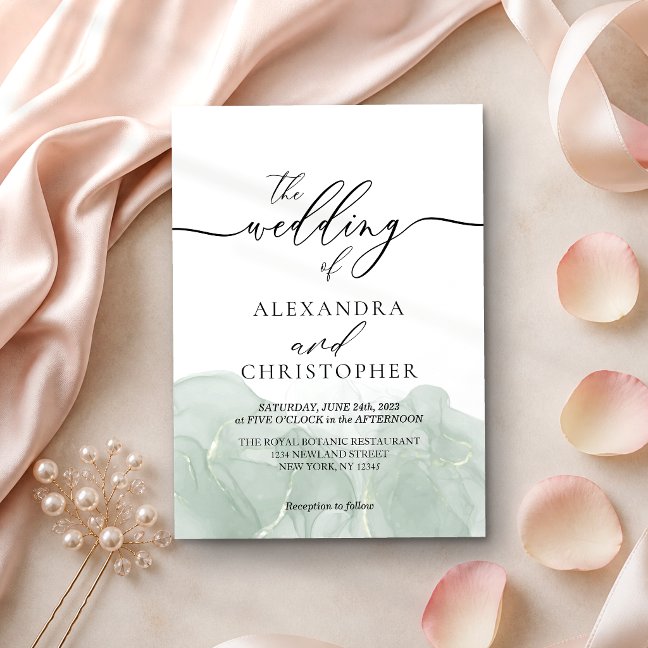 Watercolor green signature calligraphy wedding invitation
