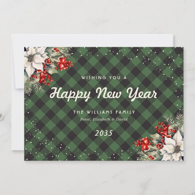 Watercolor Green Snow Botanical New Year Card (Front)
