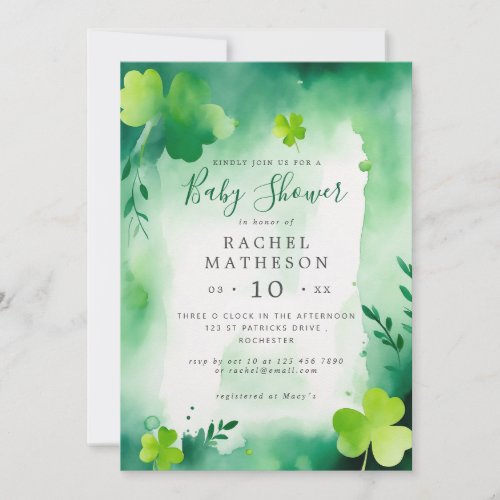 watercolor green st patricks day baby shower invitation