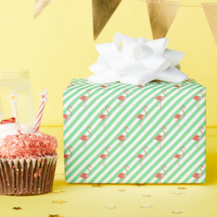 Watercolor Green Stripes Flamingos Wrapping Paper