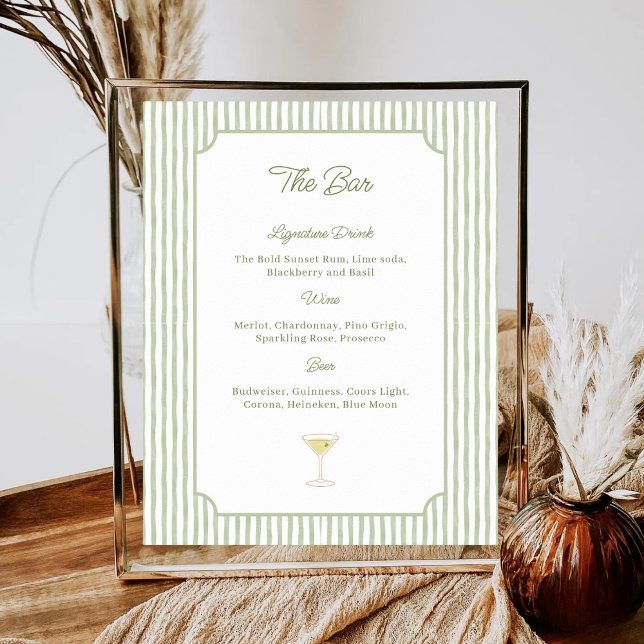 Watercolor Green Stripes Wedding Shower Bar Menu Poster (Creator Uploaded)