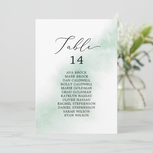 Watercolor Green Table Number Seating Chart Cards (Standing Front)