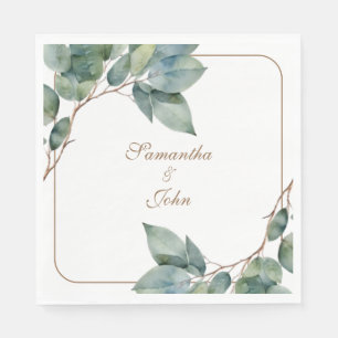 Watercolor green teal gold botanical greenery napkins