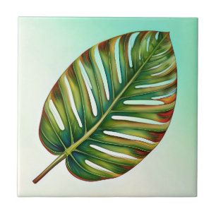 Watercolor Green Teal Yellow Red Tropical Leaf Ceramic Tile
