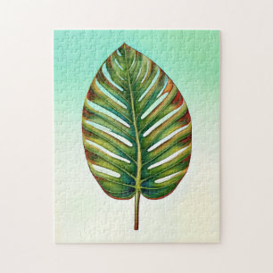 Watercolor Green Teal Yellow Red Tropical Leaf Jigsaw Puzzle