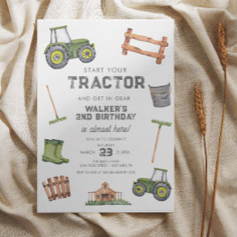Watercolor Green Tractor 2nd Birthday Invitation