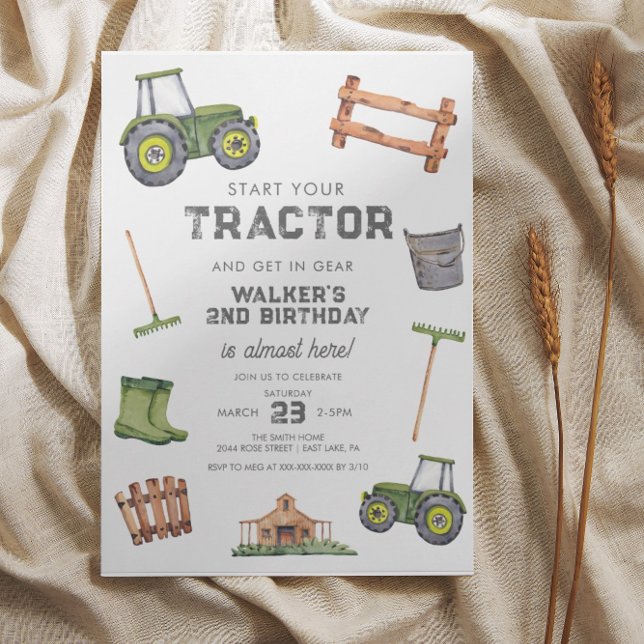 Watercolor Green Tractor 2nd Birthday  Invitation (Creator Uploaded)