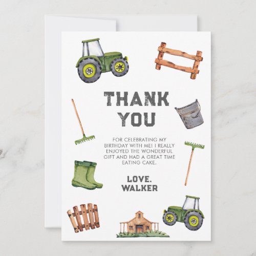 Watercolor Green Tractor Birthday  Thank You Card