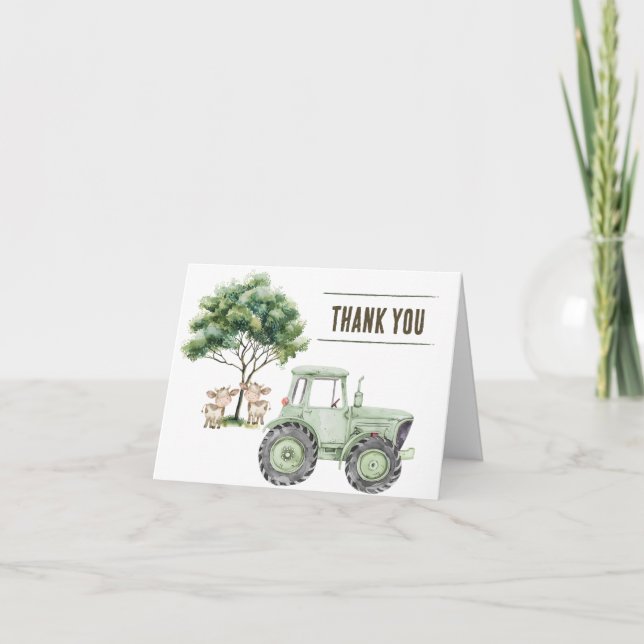 Watercolor Green Tractor Farm Thank You Cards (Front)