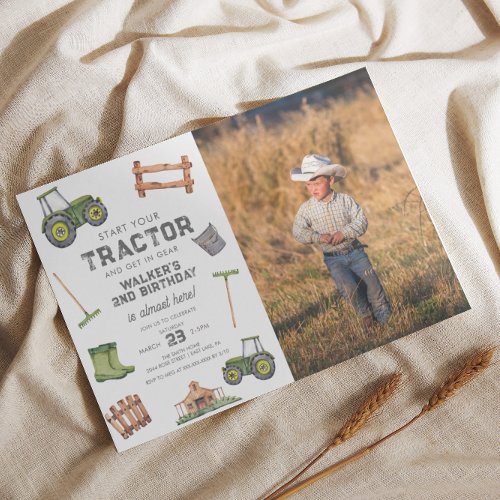 Watercolor Green Tractor Photo 2nd Birthday  Invitation