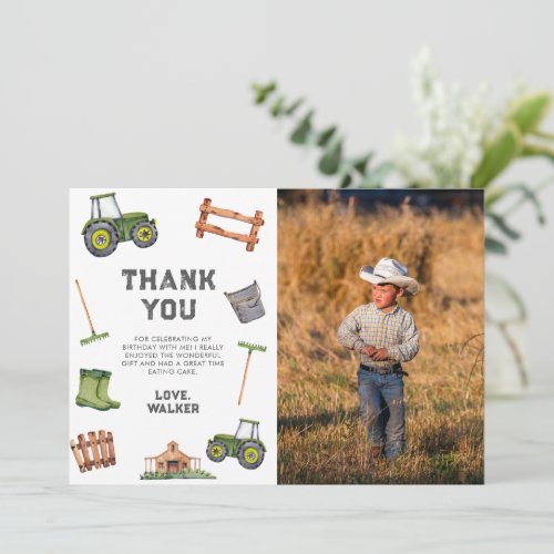 Watercolor Green Tractor Photo 2nd Birthday  Thank You Card