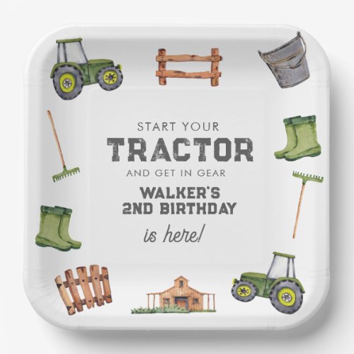 Watercolor Green Tractor Photo Boy Birthday  Paper Plates
