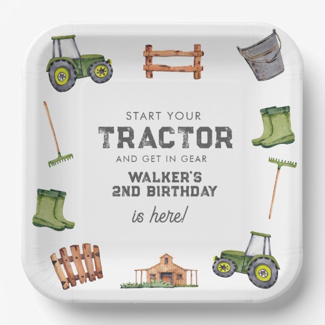 Watercolor Green Tractor Photo Boy Birthday  Paper Plates (Front)
