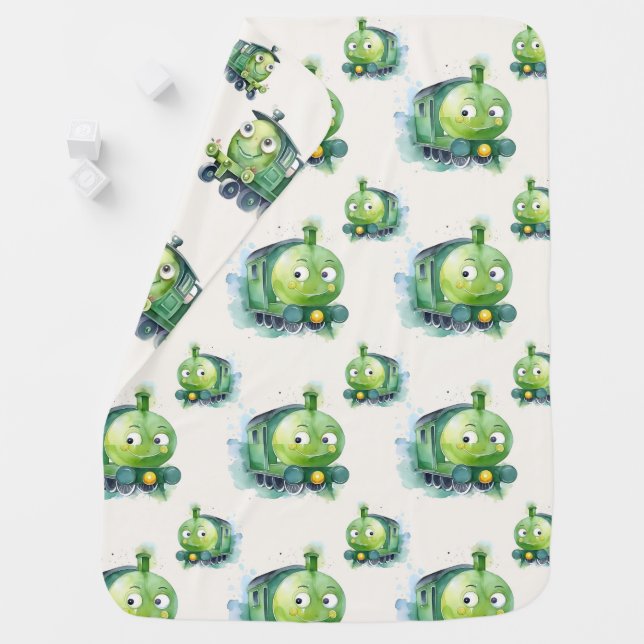 Watercolor Green Train Baby Blanket (In Situ)