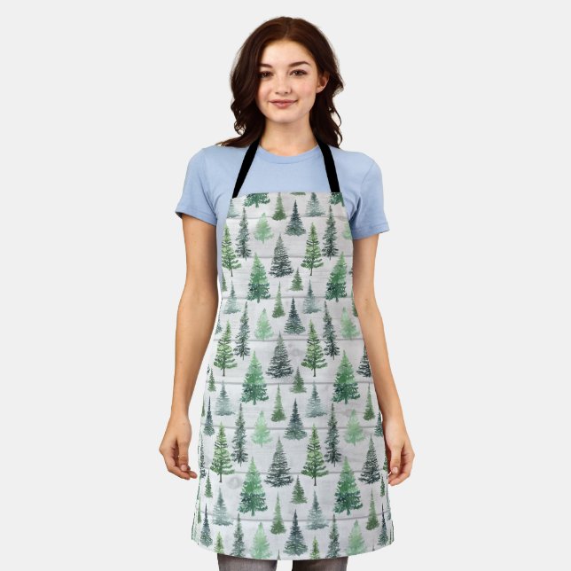 Watercolor Green Tree Pattern White Apron (Worn)
