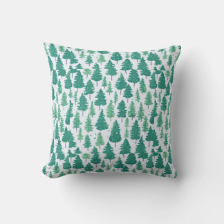Watercolor Green Trees Christmas Pattern Throw Pillow