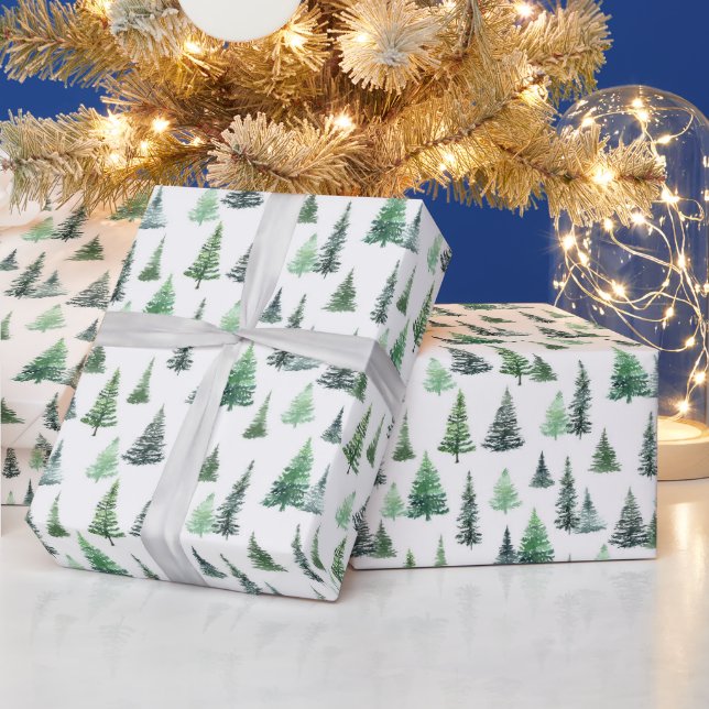 Watercolor Green Trees Forest Pattern Wrapping Paper (Holidays)