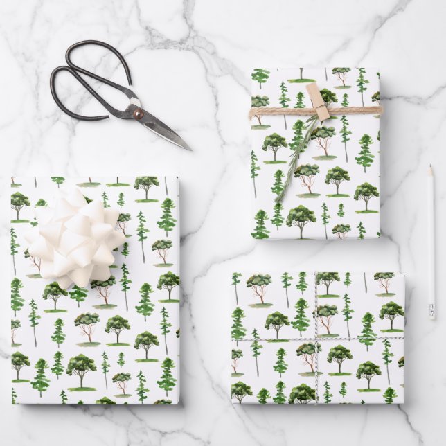 Watercolor Green Trees Pattern Wrapping Paper Sheets (Front)