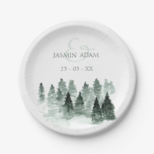 Watercolor Green Trees Woodland Rustic Wedding Paper Plates