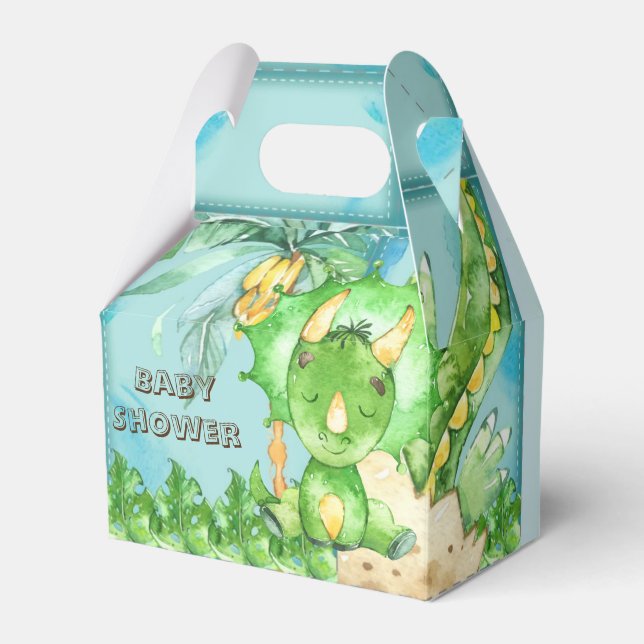 Watercolor Green Triceratops Boy Baby Shower Favor Boxes (Front Side)