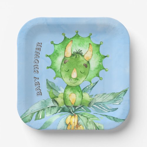 Watercolor Green Triceratops Dino Boy Baby Shower Paper Plates