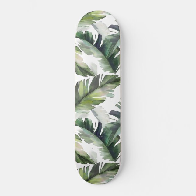 Watercolor Green Tropical Foliage Pattern  Skateboard (Front)