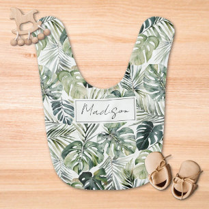 Watercolor Green Tropical Forest Leaves Pattern Baby Bib
