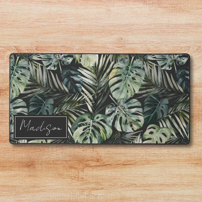 Watercolor Green Tropical Forest Leaves Pattern Desk Mat (In situ)