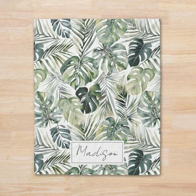 Watercolor Green Tropical Forest Leaves Pattern Fleece Blanket (In situ)