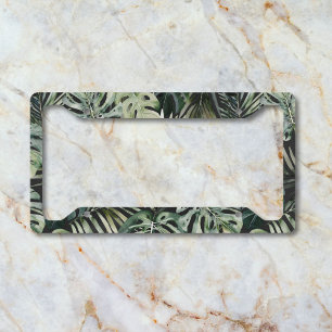Watercolor Green Tropical Forest Leaves Pattern License Plate Frame