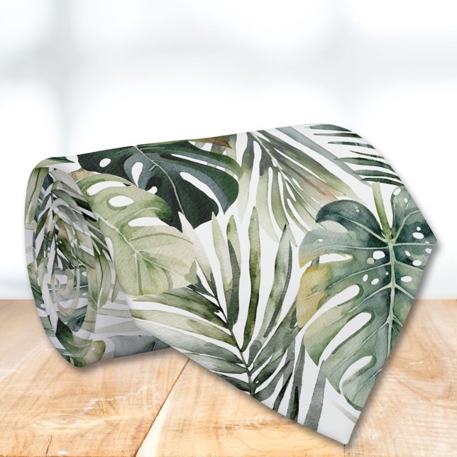 Watercolor Green Tropical Forest Leaves Pattern Neck Tie (In situ)