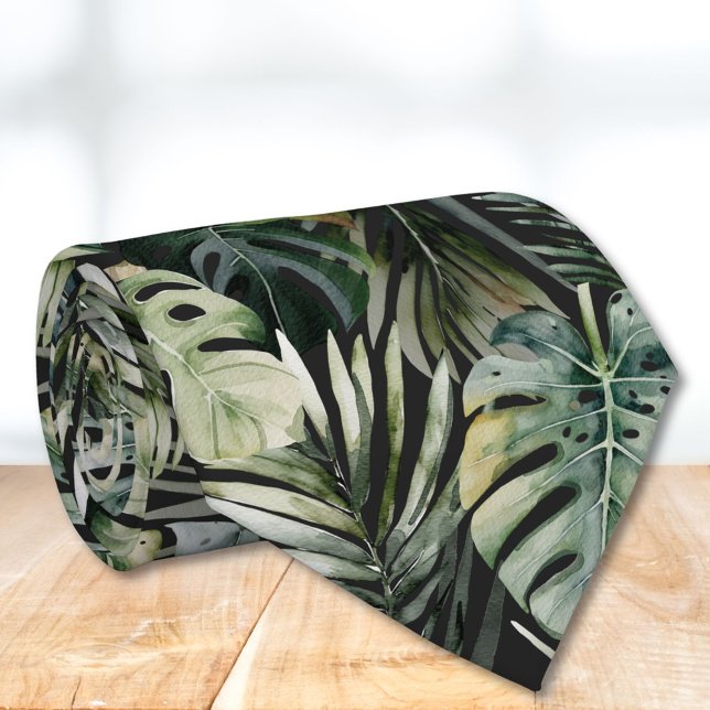 Watercolor Green Tropical Forest Leaves Pattern Neck Tie (In situ)