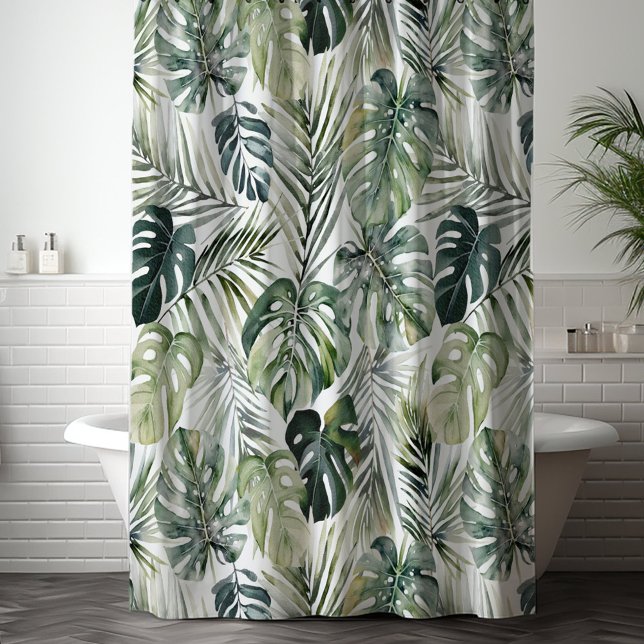Watercolor Green Tropical Forest Leaves Pattern Shower Curtain (In situ)
