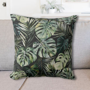 Watercolor Green Tropical Forest Leaves Pattern Throw Pillow