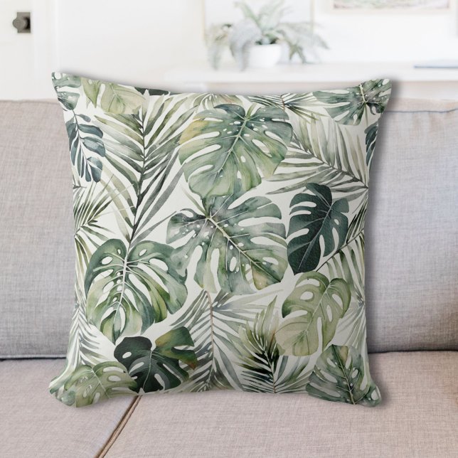 Watercolor Green Tropical Forest Leaves Pattern Throw Pillow (In situ)
