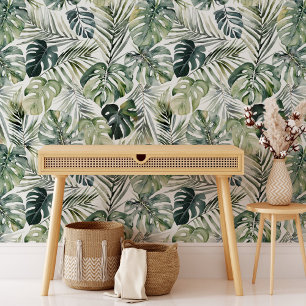 Watercolor Green Tropical Forest Leaves Pattern Wallpaper