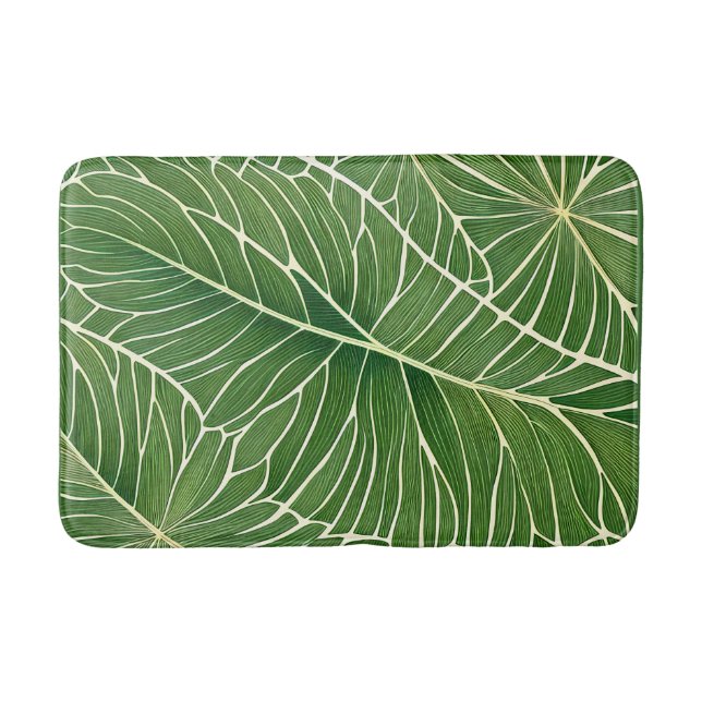 Watercolor Green Tropical Leaves Bath Mat (Front)