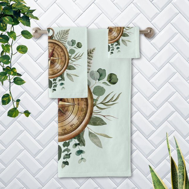  Watercolor Green Tropical Leaves Foliage Compass Bath Towel Set (In situ bathroom wall)