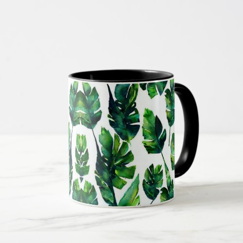 Watercolor Green Tropical Leaves Pattern   Mug